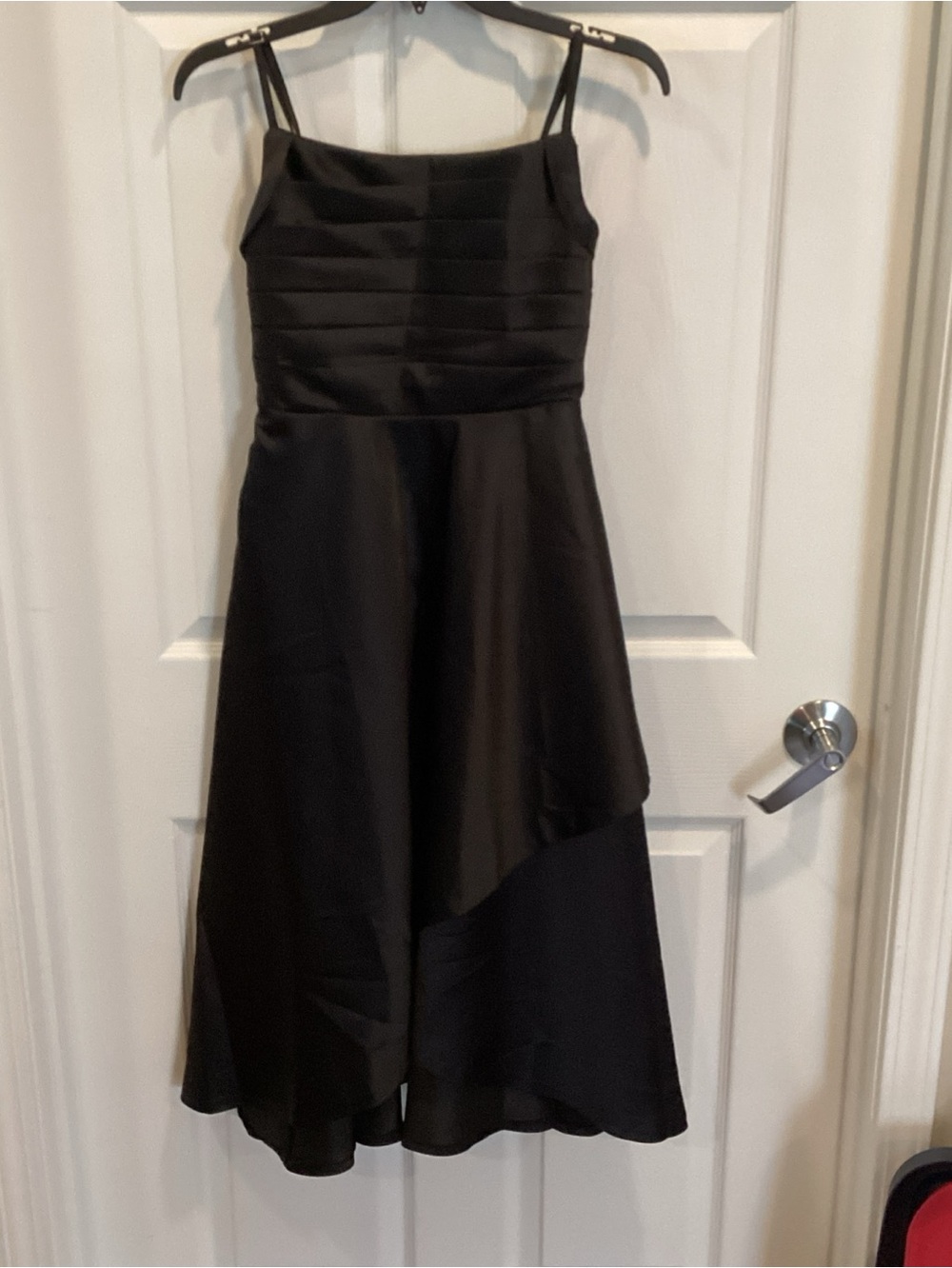 ladies Black Satin Fit-and-Flare Dress with Spaghetti Straps